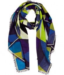 Luxurious shawl made ​.​.of fine, patterned wool - Elegant geometric Pucci print in blues and lemon and stylish fringed edges - Fashion upgrade for simple outfits - Wear with business suits and shift dresses or wear with jeans and a thin cashmere sweater