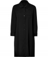 Feminine, stylish jet black wool shirtdress - Features a hint of stretch for a flattering fit - Narrow silhouette with a full button placket, small rounded collar and high neckline - Small chest pocket - Appropriate choice for the office or daytime events - Try with opaque tights and boots, or with flats and a slim belt