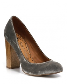 Lush gray velvet fuses with wooden block heels for ruggedly romantic Juicy Couture pumps.