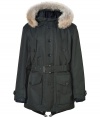 The classic parka gets a high-style redux with this luxe iteration from British heritage brand Belstaff - Fur-trimmed hood, concealed zip closure with front button placket, long sleeves with belted cuffs, flap pockets, internal drawstring for customized fit, classic fishtail hem with toggle, full snap-in black quilted lining - Slim fit - Pair with straight leg jeans, a cashmere pullover, and retro-inspired trainers