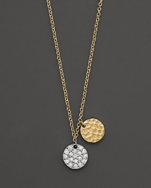 Hammered gold charm is paired with a diamond pavé charm on a gold necklace. Designed by Meira T.