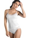 A pretty camisole with swiss lace detail along neckline and straps for a flattering silhouette.