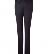 Elegant suit pants in navy stretch cotton - Slim cut with flattering pleats - Two jetted side pockets - Comfortable fit - Zip and side button closure - Timeless basic piece - Wear with cashmere pullover or classic combo of shirt and jacket