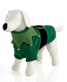 Dress your dog like Santa's little helper. Complete with a jingle-bell collar and belt buckle, this adorable elf sweater will make your pup the star of every family photo.