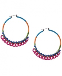 Attract some attention. The eye-catching details of blue, orange and green thread, vibrant blue crystal cup accents and a hot pink chain all make Haskell's hoop earrings a must for the aspiring fashionista. Crafted in rhodium-plated mixed metal. Approximate diameter: 2-3/8 inches. Approximate drop: 2-1/4 inches.