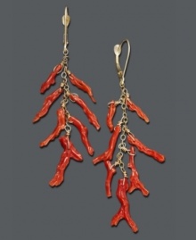 Bring new life to your wardrobe with underseas style! These fresh earrings feature bright coral branches suspended from a 14k gold chain and setting. Approximate drop: 2-1/2 inches.