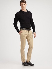 The pinnacle of Italian craftsmanship, our trim-fitting sweater is crafted in a sleek rib knit from a luxurious blend of linen, cashmere and silk yarns and finished with an asymmetrical buttoned placket for modern sophistication.TurtleneckClean-finished hem60% linen/28% cashmere/12% silkDry cleanImported