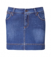 Must-have classic denim skirt of fine stretch cotton - Relaxed look with slightly faded blue wash and classic stitching detail - Sexy silhouette is narrow and mini-length - Zip and single-button closure - Features belt loops and two, flattering back pockets - Pair with leather thong sandals and a simple sleeveless silk blouse