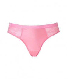 Sexy Brazilian-style thong in fine, pink synthetic fiber blend - Especially comfortable, thanks to a generous touch of stretch - Two sheer lace panels at either hip - Medium rise brief is cut moderately high, elongating the leg - Stylish and seductive, ideal for evenings in! - Pair with a matching bra