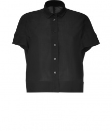 An ultra modern take on the classic shirt, Jil Sanders boxy black wool button-down is a characteristic and chic way to wear the brands iconic minimalist look - Small pointed collar, short sleeves, buttoned cuffs, button-down front - Cropped, boxy cut - Wear with high-waisted trousers and streamlined leather accessories