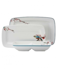 Serve it all up in style! This compact, stackable set of serveware and serving dishes includes entertaining essentials to fit every occasion: One 15 rectangular platter, one divided server, and one hors d'oeuvres tray. Coordinates with the beautiful watercolor-inspired Chirp dinnerware and dishes from Lenox Simply Fine. Qualifies for Rebate