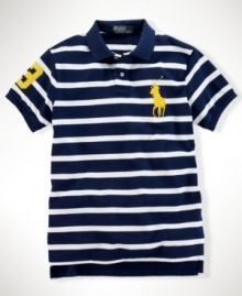 A modern trim-fitting polo is accented by a striped pattern and iconic Big Pony for a luxe, athletic look.