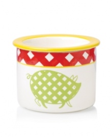 Pig out. A favorite picnic-table print in classic condiment colors makes the clever Gingham Barbecue dip chiller as indispensable as your grill. Keep guacamole, sour cream and coleslaw cool while you're enjoying the sun. From Clay Art's collection of serveware and serving dishes.