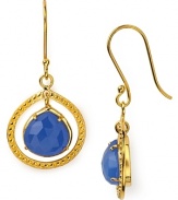 Textured gold and blue chalcedony come together in Coralia Leets framed drop earrings. Rich 22K gold plating brings out the stone's natural beauty for goddess-like glamour.