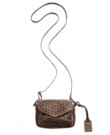 Heavy hardware and a distressed finish add edge to this lady-like silhouette from Frye. Goldtone accents and a studded front flap perfectly complete this take-anywhere crossbody.