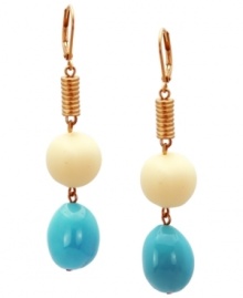 Poise and polish. T Tahari's simple drop earrings make a bright statement with a unique color combination of ivory and turquoise resin beads. Set in antique gold tone mixed metal. Base metal is nickel-free for sensitive skin. Approximate drop: 2-1/2 inches.