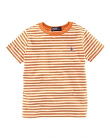 Slim stripes adorn an airy short-sleeved cotton jersey crewneck tee for a bold, preppy look.