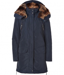 Whether youre hitting the city or the slopes this season, Parajumperss navy down parka is a sporty-luxe cold-weather essential - Full hidden front zip with snaps at top and bottom, faux fur trim and hood lining, two vertical flap pockets at chest, two oversized flap pockets at hips, side zips at hemline, drawstring waistline and hemline - Slim cut style hits mid-thigh - Fashionable and functional, a stylish must for all casual winter looks