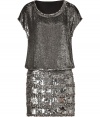 Intricately crafted with a mash-up of sequins and jeweled crystals, Collette Dinnigans modern cut dress is a unique choice, guaranteed to amp up your evening wardrobe - Round neckline and cap sleeves with jeweled trim, contrast sequined skirt, hidden snap and side zip closures - Loose bodice, form-fitting skirt - Streamline you look with a finish of jet black accessories