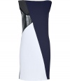 With a graphic mix of texture and color, Roksanda Ilincics mixed-media sheath is a contemporary choice for both day and evening alike - Boat-neckline, sleeveless, coated black panel, navy and white crepe panels, full exposed metal two-way back zip - Tailored fit - Wear with heels and statement chunky jewelry