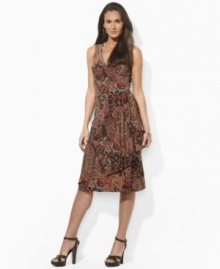 Smooth paisley jersey flatters the body in a feminine petite silhouette with an elegant cross-wrap neckline, from Lauren by Ralph Lauren.