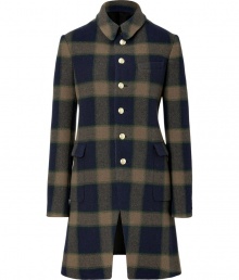 Work an exquisitely English edge into your outerwear wardrobe with Josephs eye-catching navy and olive checked coat, tailored to perfection with razor sharp pleats - Softly rounded collar, long sleeves, buttoned cuffs, button-down cutaway front, flap pockets, pleated back, tailored fit - Pair with chic Chelsea boots and a statement handbag