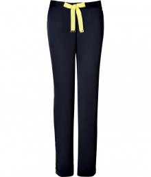 Detailed in super soft navy tumbled satin, Juicy Coutures neon trimmed pants are a sporty choice as comfy as they are chic - Neon lime grosgrain drawstring with gold-toned logo engraved aglets, logo charm, neon lime side trim, slit ankles - Loose fit - Wear with a tissue tee, hoodie and shearling lined boots