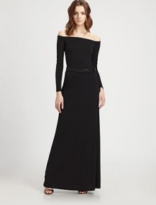 Sleek and elegant, this double-faced crepe knit style is accented with a matching belt.Off-the-shoulder necklineLong sleevesIncluded beltFully linedAbout 46 from natural waist49% viscose/46% polyester/5% nylonDry cleanImported of Italian fabricModel shown is 5'11 (180cm) wearing US size 4. 