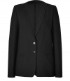 A contemporary take on the timeless black blazer, Vanessa Bruno Ath?s collarless version is a chic wardrobe staple essential for fashion-forward looks - Collarless with a dropped single lapel, long sleeves, buttoned cuffs, double buttoned front, slit pockets, back vent - Contemporary straight fit - Wear with tissue tees, jeans and flats, or dress up with feminine printed separates and chic nude accessories