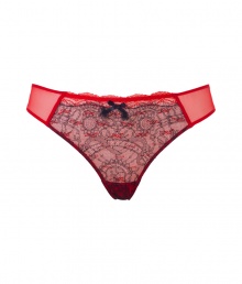 Turn up the heat with these sultry vintage-inspired briefs from Chantal Thomass - Scalloped red lace trim, sheer side paneling, black bow, classic brief styling - Perfect under virtually any outfit or paired with a matching bra for stylish lounging