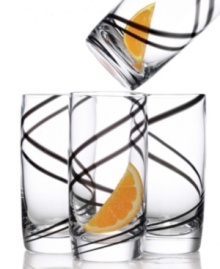 A ribbon of black in clear glass adds bold style to everyday drinks and cocktails. With heavy-bottomed bases and sturdy construction, this set of four highball glasses is a delightful twist on the ordinary.