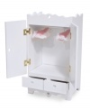 Careful craftsmanship and adorable details make this delightful wooden armoire furniture piece a must for any doll! Scaled perfectly for dolls up to 20, each value-priced piece features hand-detailing and sturdy construction.  Armoire includes two upholstered hangers.  Ages 3+   14.75 x 21.5 x 11 boxed   12 x 20 x 9  assembled