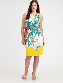 Featuring one of this season's hottest trends, colorblocking, this floral-print sheath offers you the fit you've been craving.Halter necklineGrosgrain beltSolid hemAbout 37 from shoulder to hem98% cotton/2% elastaneDry cleanImported