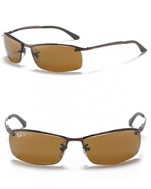 Metal framed sunglasses, bottom half of lenses unframed. Polarized brown lenses offer 100% UV protection.