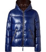 Stylish anorak in dark blue nylon - Filled with warm goose down, you wont freeze at up to 30 degrees Celsius - Typical quilted optic - Double zipper, functional pockets - Figure hugging cut - By the new Italian in-label Duvetica - Can be worn for skiing, too - Modern classic - Air-tight and water proof - A dream piece, a lifelong joy - Pair with jeans, corduroy pants, jet pants