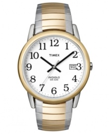 Elevate your style with this Timex watch featuring a goldtone and silvertone stainless steel expansion bracelet and round mixed metal case. White dial with black numerals, logo and date window. Analog movement. Water resistant to 30 meters. One-year limited warranty.