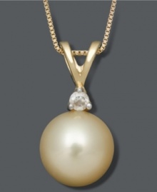 A single pearl defines elegance. This richly-hued pendant highlights a golden cultured South Sea pearl (8-9 mm) with a sparkling diamond accent. Strung from a 14k gold setting and chain. Approximate length: 18 inches. Approximate drop: 5/8 inch.