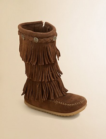 Your little trendsetter must-have these fashion-forward boots in plush suede with three layers of groovy fringe.Zip-upSuede upperRubber solePadded insoleImported