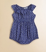 Pretty polka dots adorn this soft, sweet romper in a charming bubble shape.Wide elastic necklineFlutter sleevesPull-on styleElastic waistElastic leg openingsRayonMachine washImported