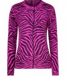 Luxe pullover in pure, bright pink cashmere - Extremely soft, super-fine material feels great and looks just as good - Eye-catching, on-trend graphic zebra print - Slim cut tapers at waist, hits just below hips - Classic crew neck, piping detail at collar and shoulder seams - Dress up with a leather pencil skirt of wide-leg trousers - Go for a more casual look with skinny jeans and ballet flats