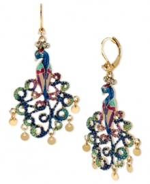 Colors worth flaunting. These Betsey Johnson earrings showcase a peacock design embellished with multi-colored details, crystal accents and small gold tone discs. Crafted in antiqued gold tone mixed metal. Approximate drop: 2-1/2 inches.