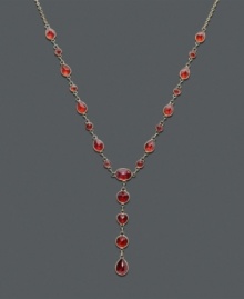 Ignite a flame with bold color along your neckline. This dramatic v-shaped necklace features brilliant oval-cut, round-cut, and pear-cut garnet (8-5/8 ct. t.w.) in a 14k gold setting. Approximate length: 17 inches. Approximate drop: 1-1/2 inches.