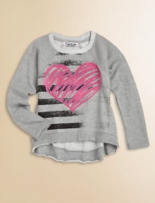 This vintage-inspired pullover with slightly tattered hi-lo hem and colorful heart print will make her pulse race.CrewneckLong raglan sleevesPullover styleHi-lo hem80% cotton/20% polyesterHand washImported