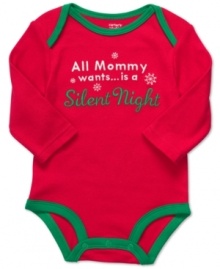 He'll put a good word in on mommy's wish list with this adorably humorous graphic bodysuit from Carter's.