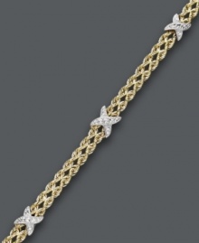 Two tone color for ultimate versatility. Crafted from 14k gold over sterling silver and sterling silver, this double row rope bracelet receives an extra-stylish touch with the addition of X-shaped accents. Approximate length: 7-1/2 inches.