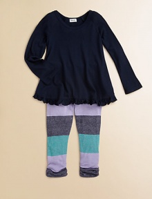 Glittery sparkles add an extra dose of glam to this two-piece set with colorful stripes and a playful ruffle hem. CrewneckLong sleevesPullover styleRuffle hemElastic waistbandRuching at leg openingsBody: rayon/lurexTrim: modal/cottonMachine washImported