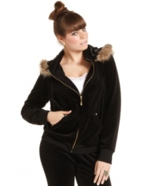 Faux fur trim gives this plus size velour hoodie from Baby Phat an ultra-luxe look.