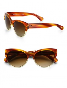 Lightweight acetate in a retro chic design. Available in amber-tortoise with brown gradient lens.Plastic templesAnti-reflective coating100% UV protectionImported