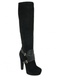 Hold steady. With a harness across the vamp and a tall suede shaft, these towering boots add major height and style.