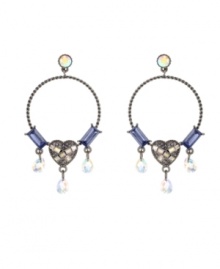 Unique and updated. Betsey Johnson adds an innovative twist to traditional hoop earrings. With a textured design, a heart motif and stunning crystal accents, they'll make a striking statement whenever you wear them. Crafted in hematite tone mixed metal. Approximate diameter: 1-4/10 inches. Approximate drop: 2-7/10 inches.